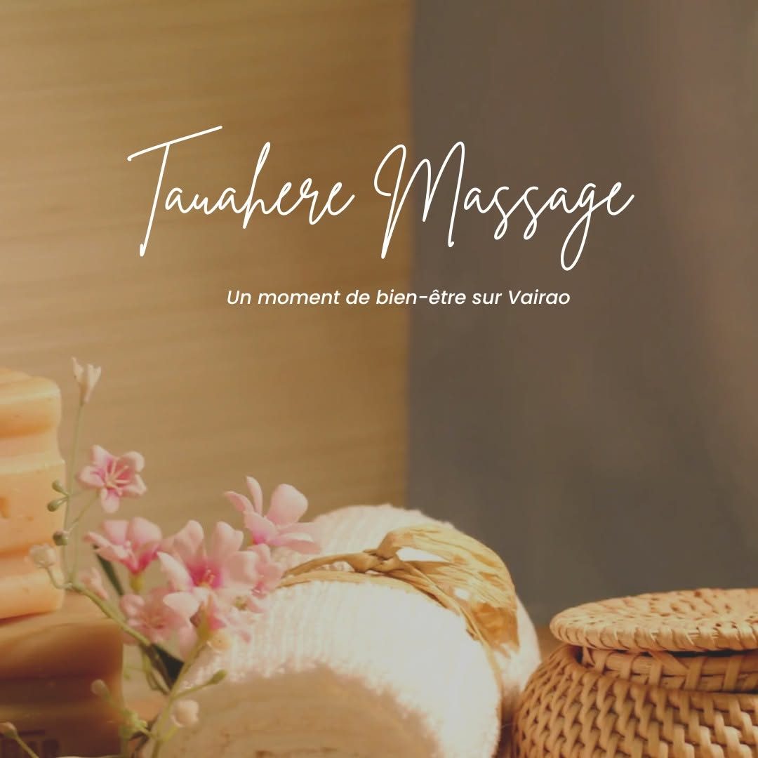 Tauahere Massage, un moment de bien-être sur Vairao : serviette roulée, fleurs roses et panier tressé